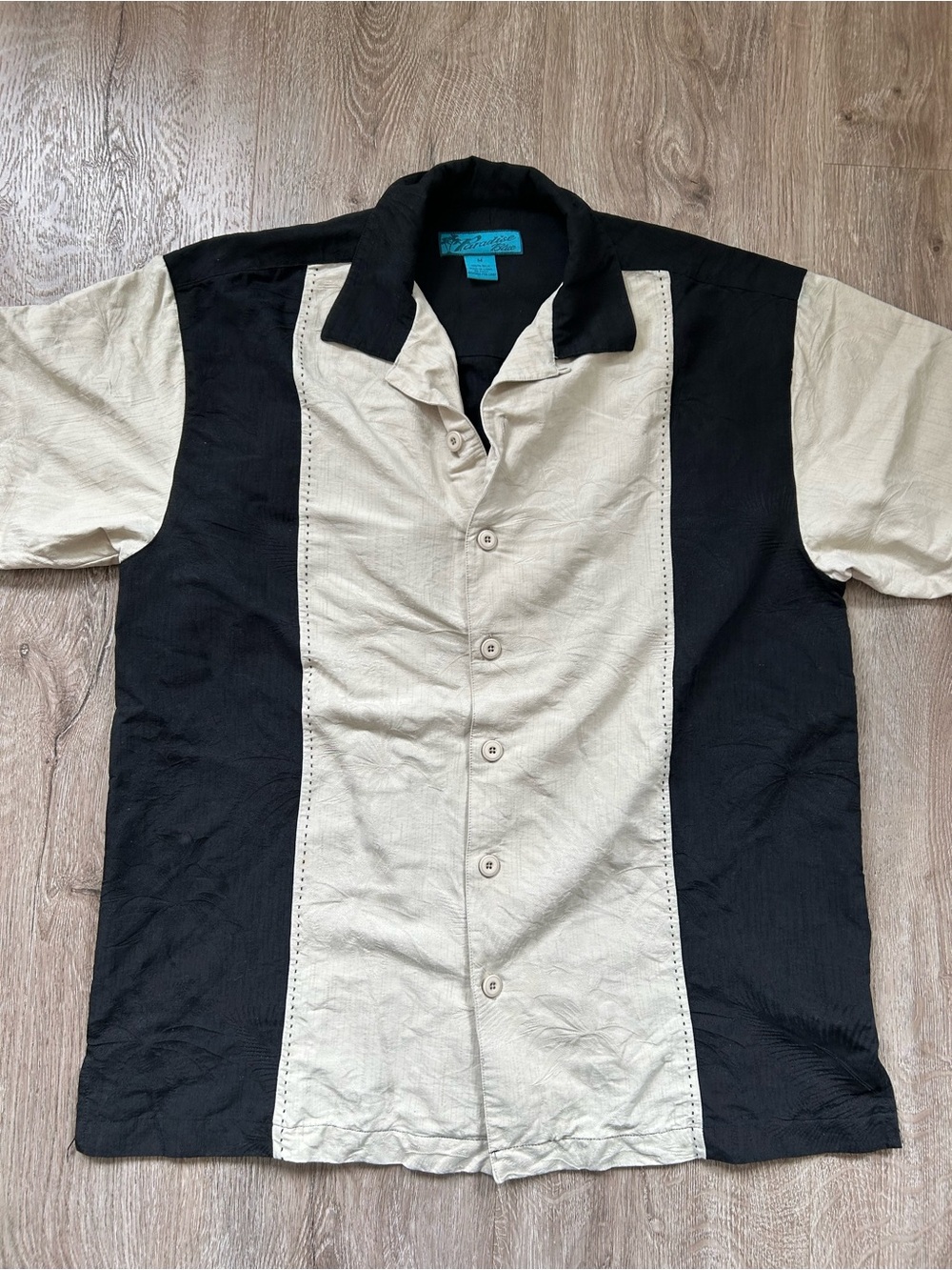 Men's 100% Silk Vintage Two-Tone Short Sleeve Button Shirt - Black & Cream